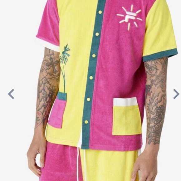 Fila Palani Sz XL Terry Tennis Polo Yellow/Pink Shirt Cotton Blend Embroidered - Picture 6 of 15